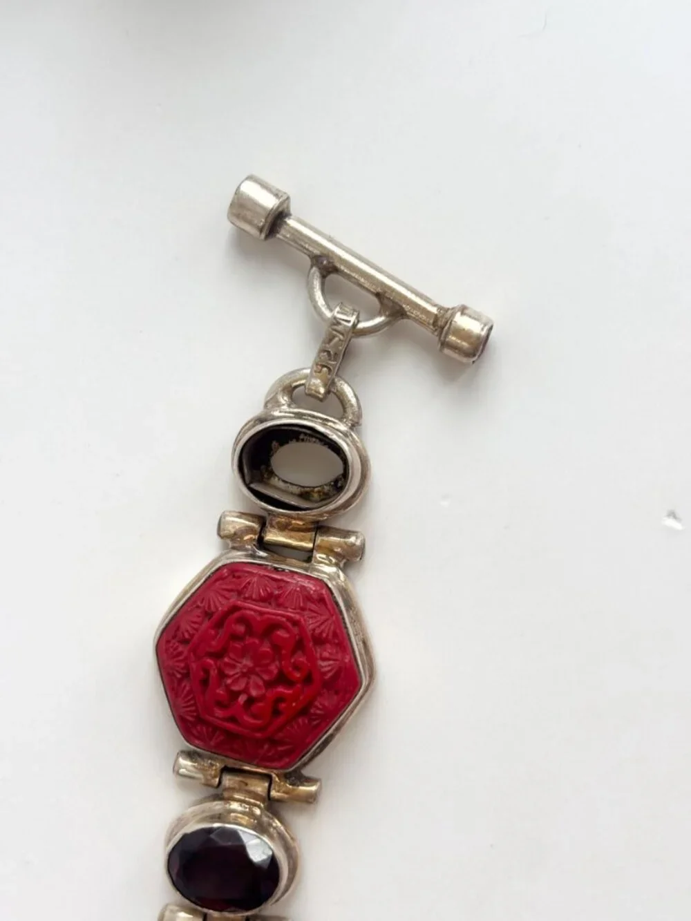 Cinnabar Hand Carved Sterling Silver Octagon Vintage Chainlink 925 Bracelet